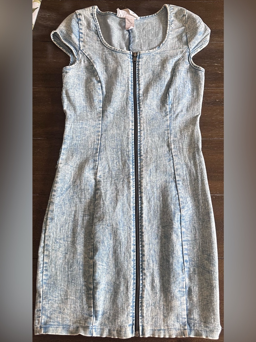 Milky Way Light Blue Denim Zip Front Midi Dress Cap Sleeve Bodycon